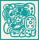 An intricate Maya hieroglyph that has a central face and surrounding decorative elements.